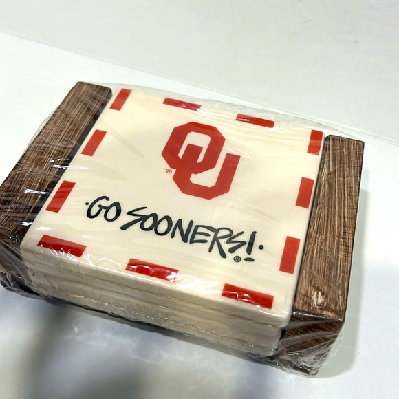 New Oklahoma Sooners Ceramic Coaster Set with Wood Holder by Magnolia Lane - Picture 2 of 4